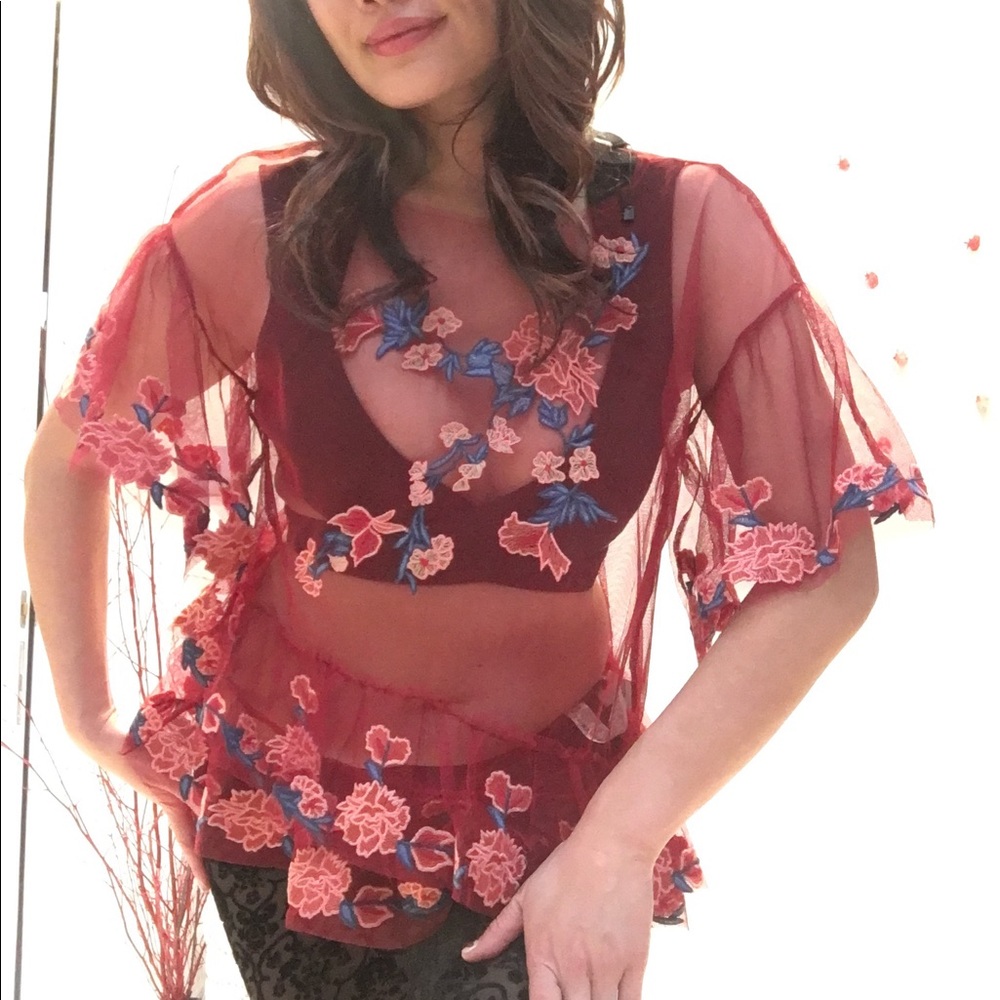 ✨NWOT Zara Women Floral Embroidery Maroon Mesh Top - Picture 2 of 8